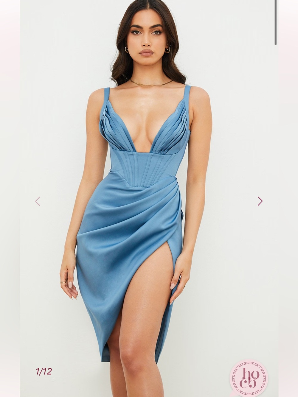 House of Cb Faye Dress Blue Satin Corset Midi Dress Size M